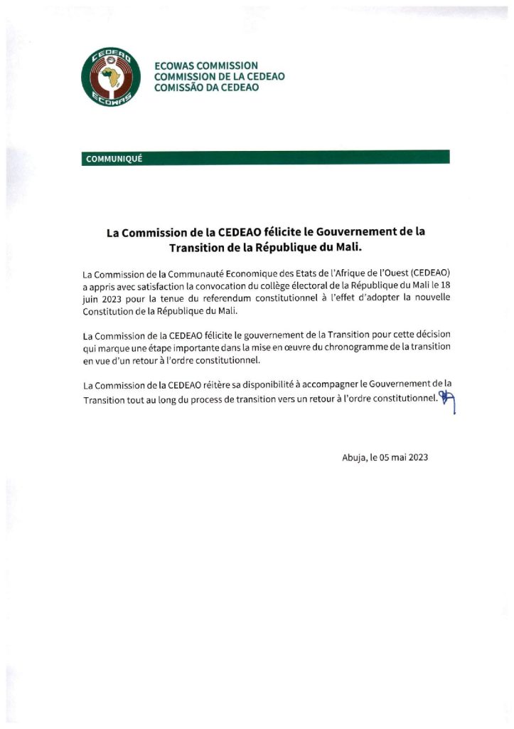 Communiqué de la CEDEAO sur le Référendum Constitutionnel au Mali