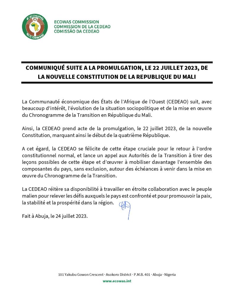 Communiqué suite à la promulgation, le 22 juillet 2023, de la nouvelle constitution de la République du Mali