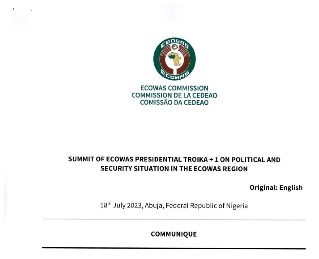 Communique – Summit of Ecowas Presidential Troika +1 on Political and Security Situation in The ECOWAS Region