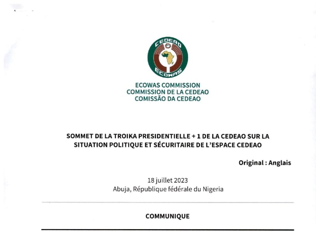 Communiqué – Sommet de la troïka présidentielle +1 de la CEDEAO sur la situation politique et sécuritaire dans la région