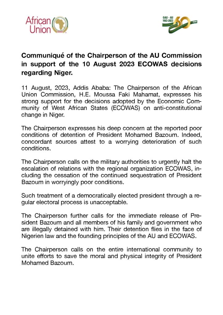 Communiqué of the Chairperson of the AU Commission in support of the 10 August 2023 ECOWAS decisions regarding Niger