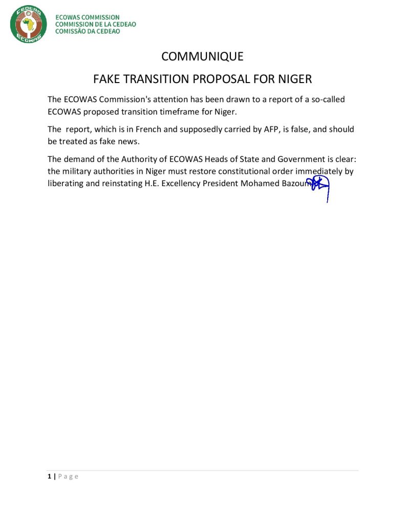 Communique – fake transition proposal for Niger