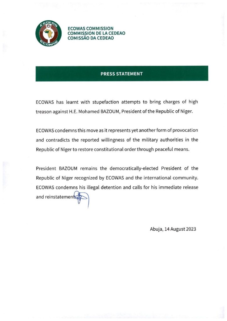 Niger: ECOWAS Press Statement on Charges Against President Bazoum