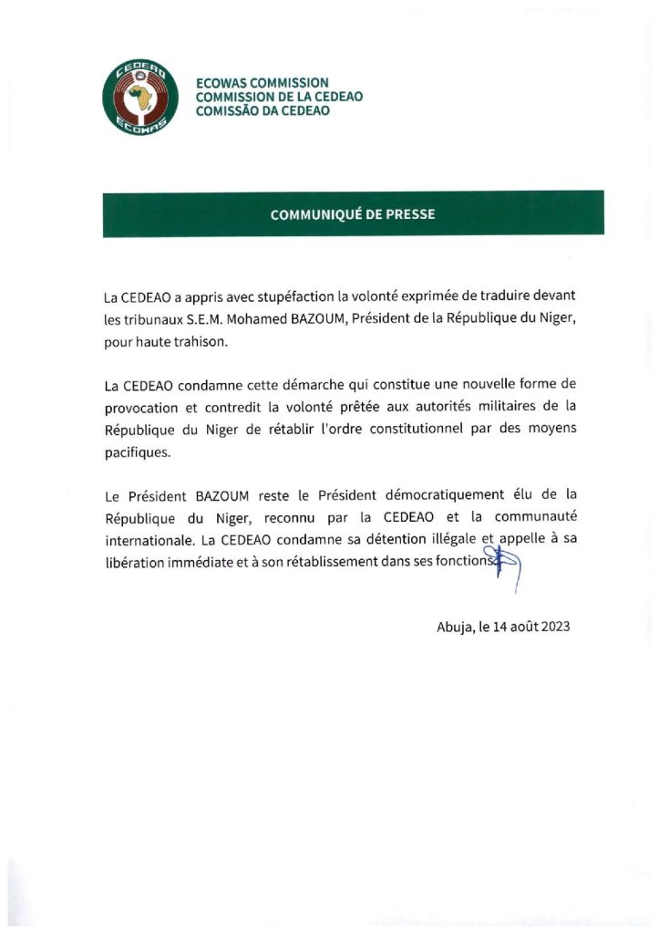 Niger : Communique de Presse – Poursuite du Président Bazoum