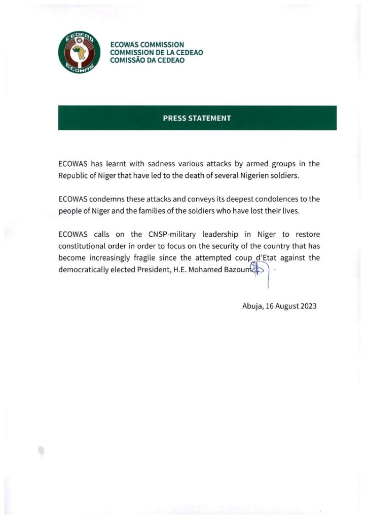 Press release on attacks by armed groups in Niger Republic