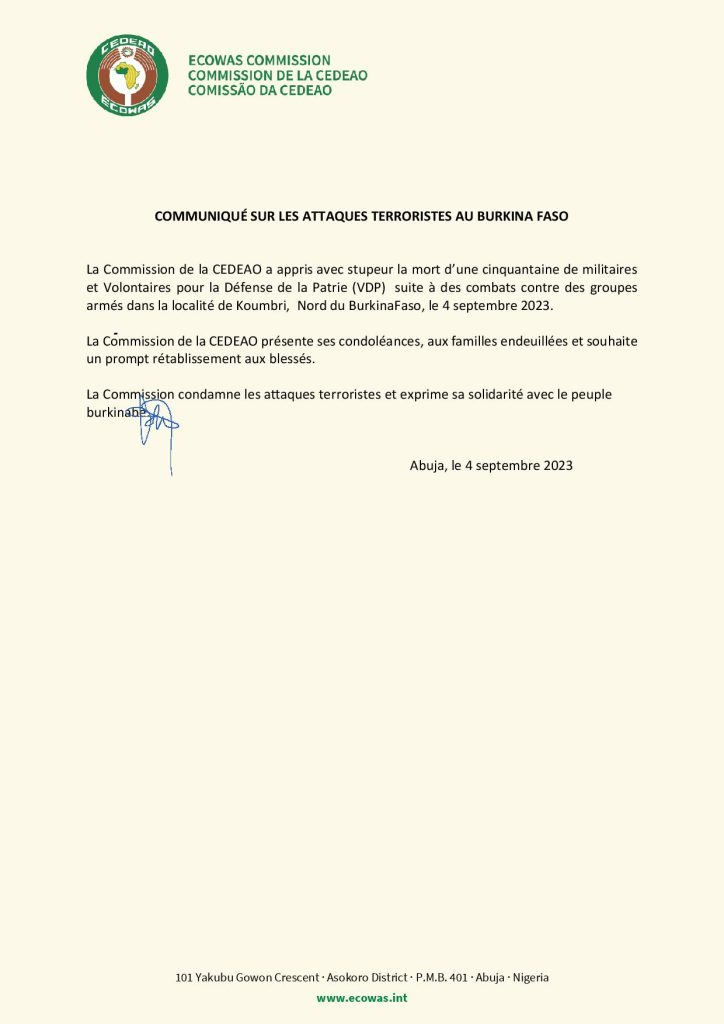 Communiqué sur les attaques terroristes au Burkina Faso
