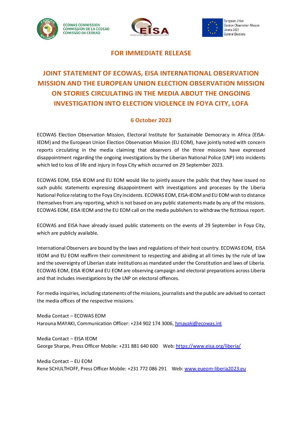 Joint Statement of ECOWAS, Eisa International Observation Mission and ...