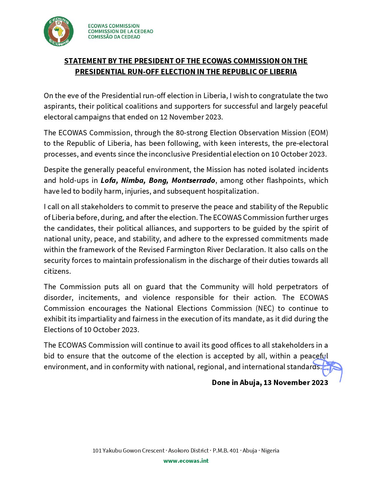 Statement by the president of the ECOWAS commission on the presidential ...