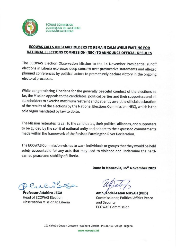 ECOWAS Call on Stakeholders To Remain Calm While Waiting for National Elections Commission (NEC) to Announce Official Results