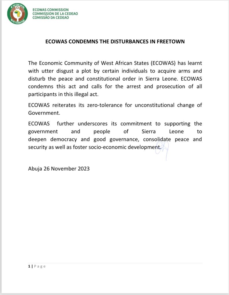 ECOWAS condemns the disturbances in Freetown