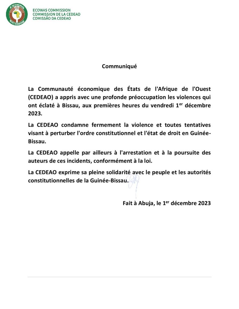 Communiqué de la CEDEAO sur la Guinée Bissau du 1er décembre 2023