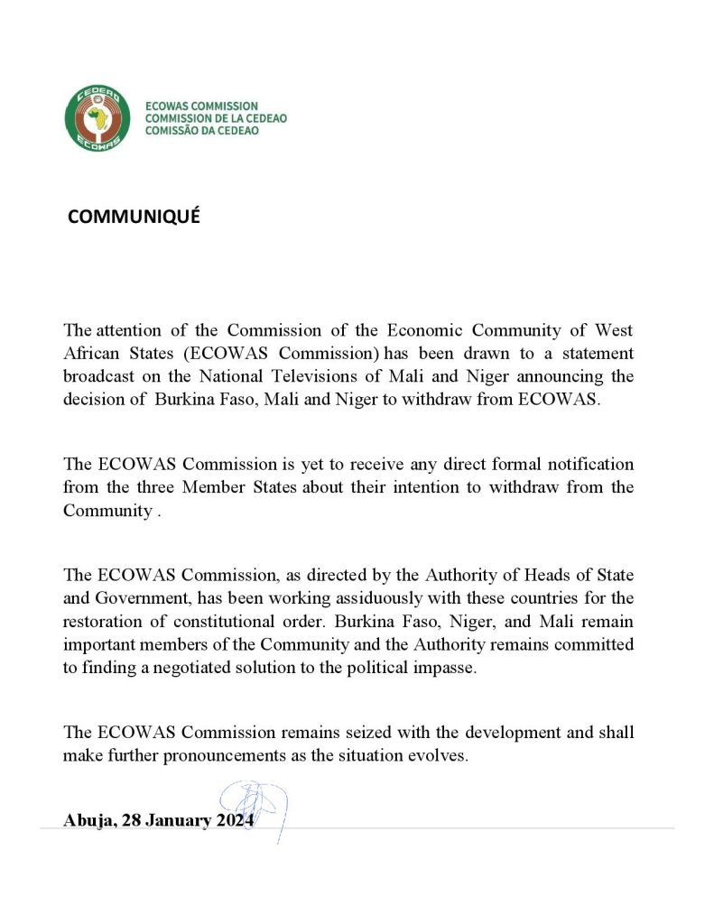 ECOWAS Communique on Burkina Faso, Mali & Niger