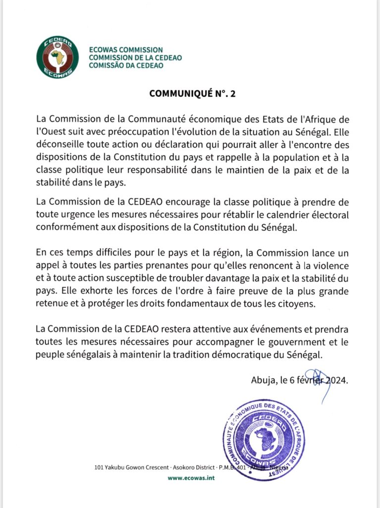 Communique de la CEDEAO sur le Sénégal