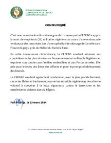 Communiqué de la CEDEAO sur l’attaque terroriste au Niger