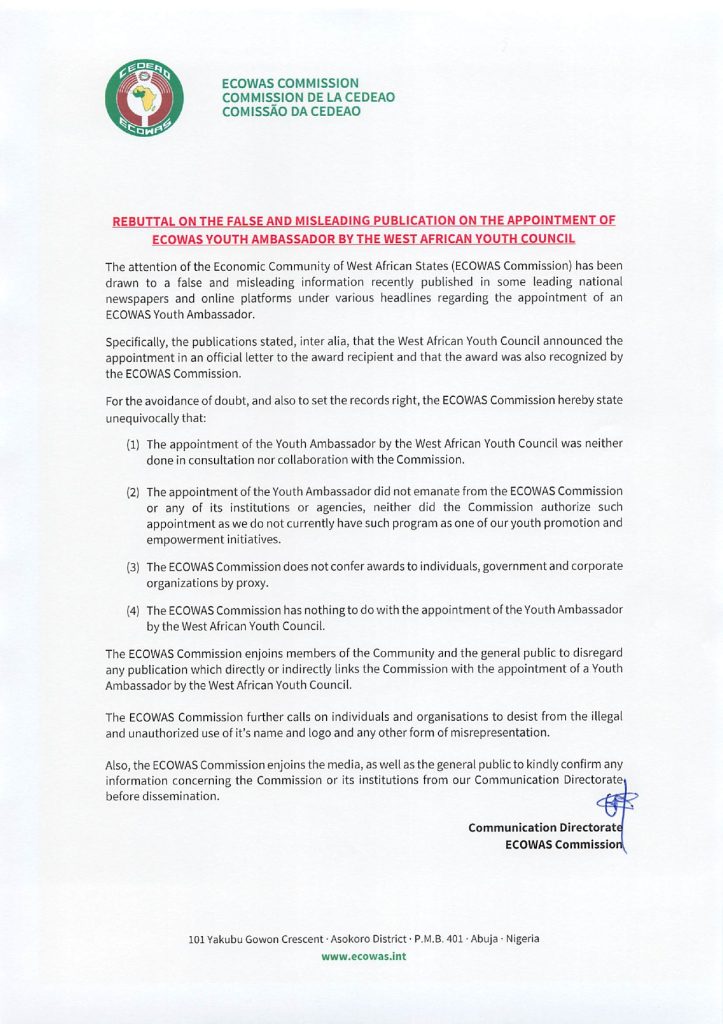 REBUTTAL ON THE FALSE AND MISLEADING PUBLICATION ON THE APPOINTMENT OF ECOWAS YOUTH AMBASSADOR BY THE WEST AFRICAN YOUTH COUNCIL