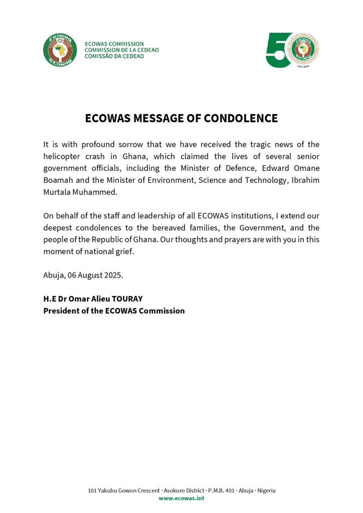 ECOWAS message of condolence to Ghana