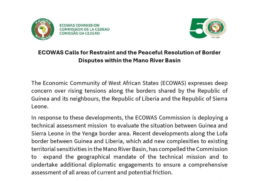 ECOWAS Calls for Restraint and the Peaceful Resolution of Border Disputes within the Mano River Basin
